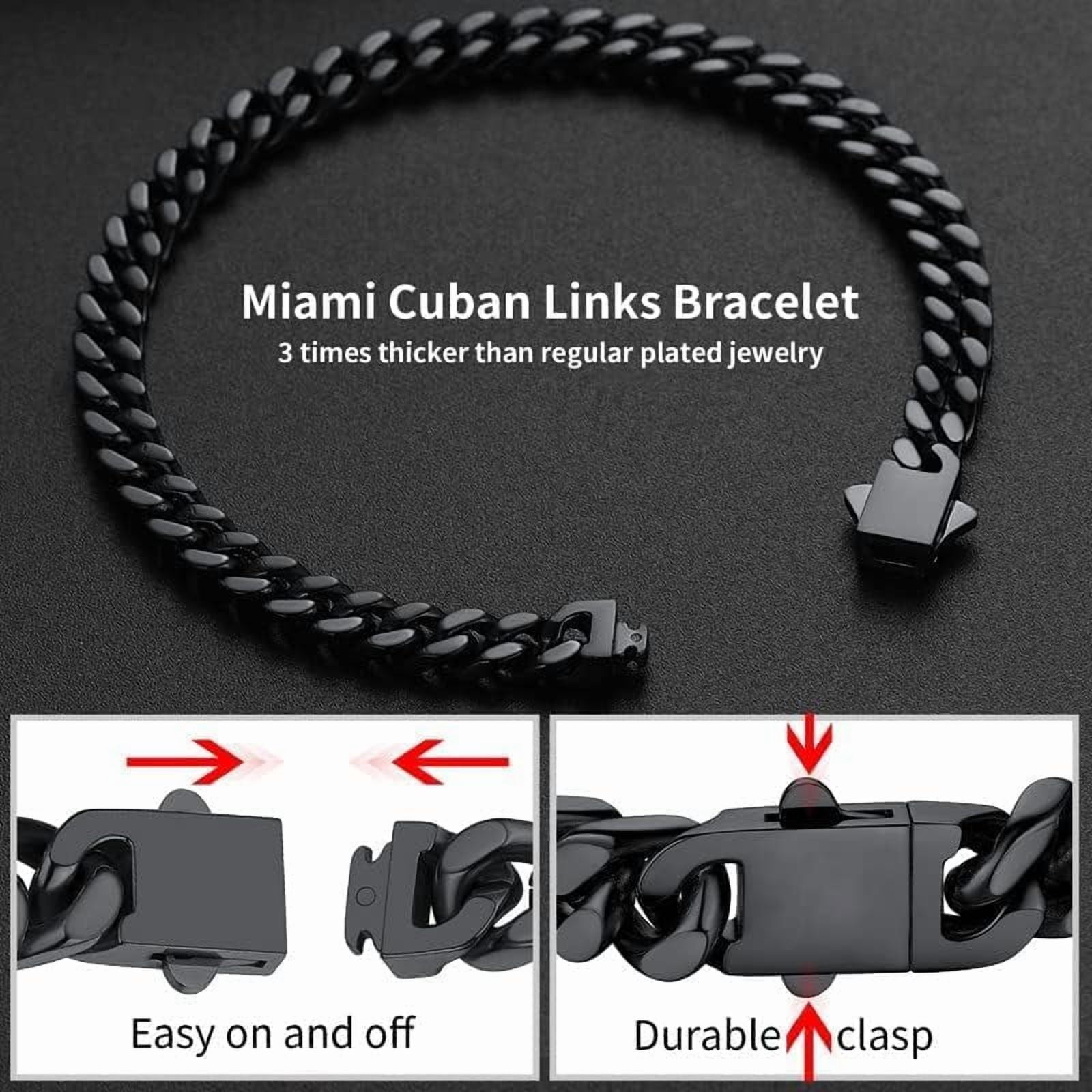 Leander Stainless Steel Cuban Link Bracelet for Men, 5mm/7mm/9mm/12mm Width, 7.5"/8.3"/9" Length, Black/18K Gold Plated Chain Wrist Bracelets for Men, with Gift Box