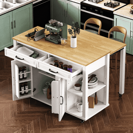 DTTRA 47 Kitchen Island with Extendable Dining Table Rubber Wood Veneer Countertop Rolling Kitchen Cart with Power Outlets Drawers & Cabinets Elegant Storage Island for Kitchen or Dining Space
