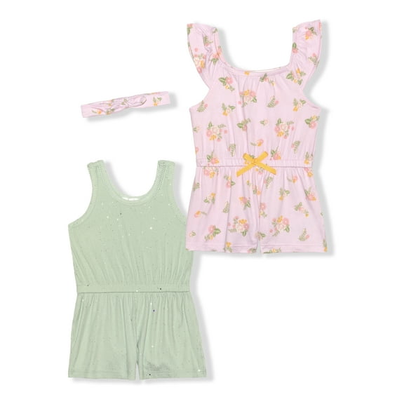 Young Hearts Baby Girl 2 PACK RIB FLORAL ROMPERS W/HEADBAND (Size 3M-9M)