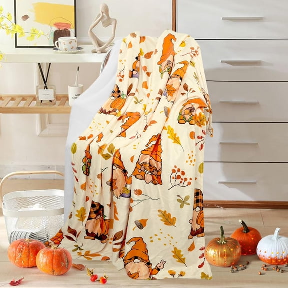 Fall Flannel Throw Blanket, Autumn Gnome Pumpkin Print Soft Warm Blanket