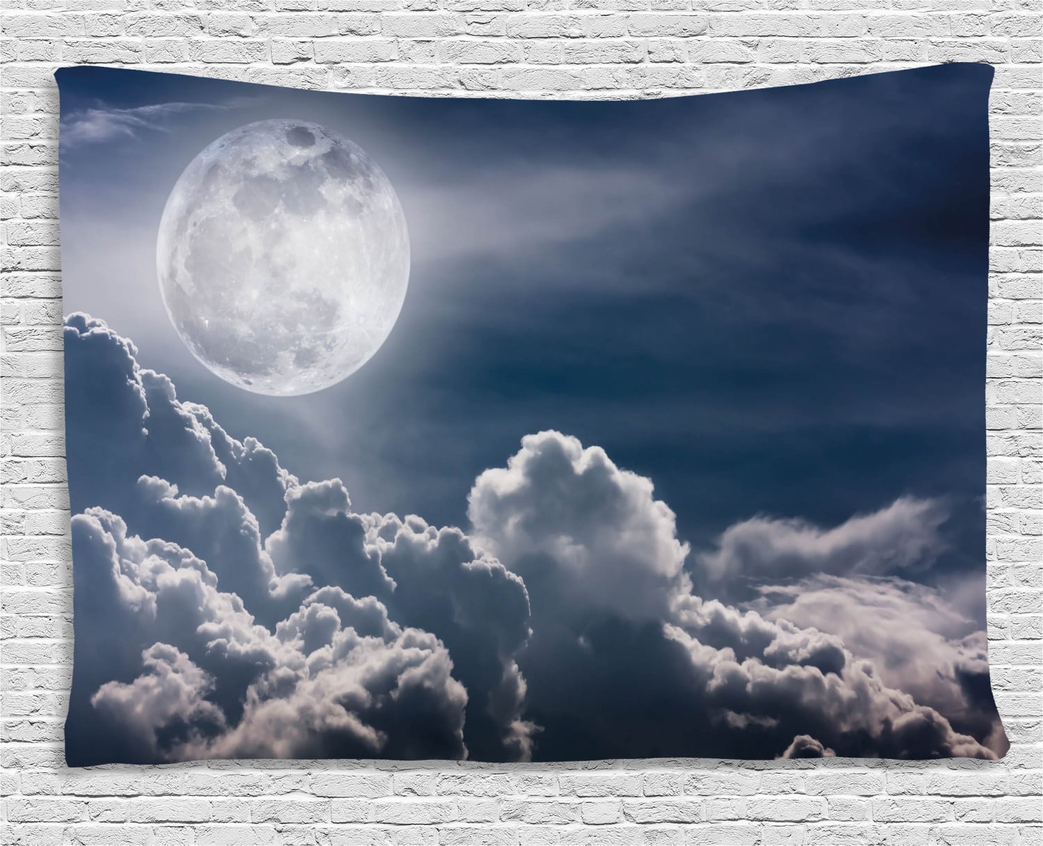 Night Sky Tapestry, Celestial Photo Big Full Moon and Fluffy Clouds