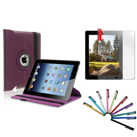 Insten Purple For Apple iPad 4 4th 3 3rd 2 360 Rotating PU Leather Case Cover Swivel Stand