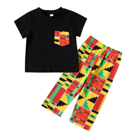 

TAIAOJING Outfit Clothes Set Boys Solid Pocket Short Sleeve T Shirt Tops Geometric Print Long Pants Outfits 2-3 Years