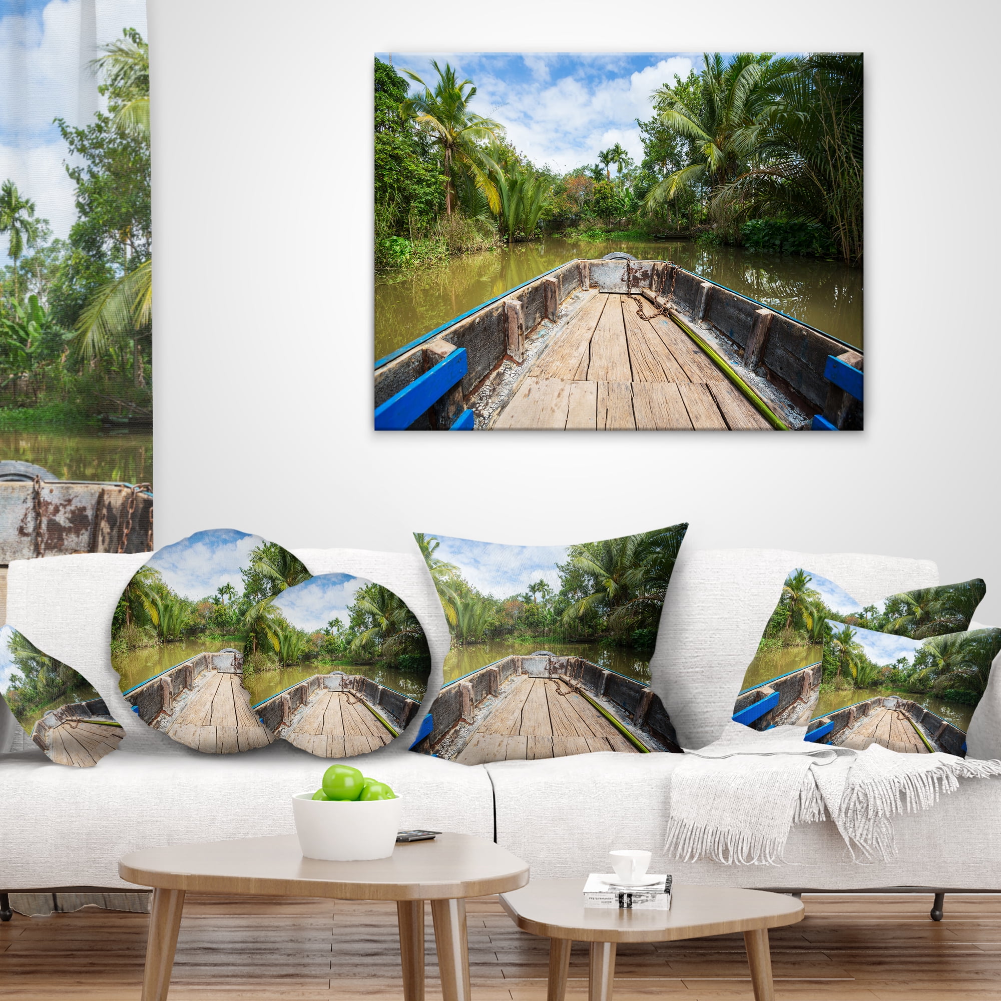 Designart Boat in Mekong River Vietnam - Landscape Printed Throw Pillow - 18x18
