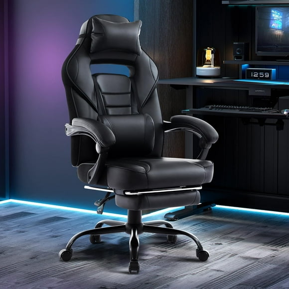 High Back PU Leather Computer Chair with Headrest, 360° Swivel Height Adjustable Gaming Chair with Retractable Footrest & Ergonomic Lumbar for Office, Game Room, Children Room, Black