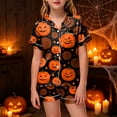 thumbnail image 2 of felwors Kids Halloween Pajamas Kids Pumpkin Ghost Print Girls Silk Pjs Short Sleeve Button-Down Top Shorts Set Kids Girls Clothes (Orange,10-11 Years), 2 of 5