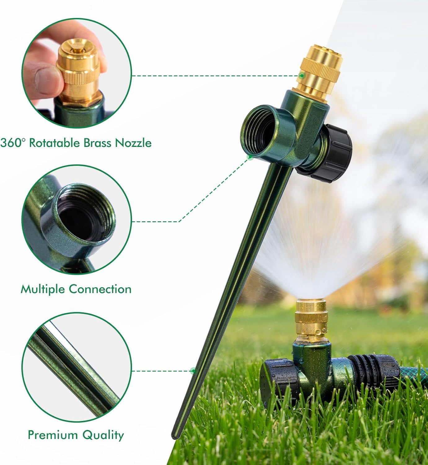 LSKJGA-RESTMO 2 Pack Heavy-Duty Full-Metal Lawn Sprinkler for Yard with Durable Brass Nozzle, Premium Spike Base, 360° Large Area Coverage Lawn Sprinkler for Patio and Garden Irrigation
