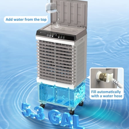 Evaporative Air Cooler, 1800CFM Swamp Cooler with 12H Timer, 110° Oscillation, Remote Control & 5.3 Gal Water Tank, 3 Speeds, 4 Ice Packs, 3-in-1 Evaporative Cooler for Outdoor Indoor Use