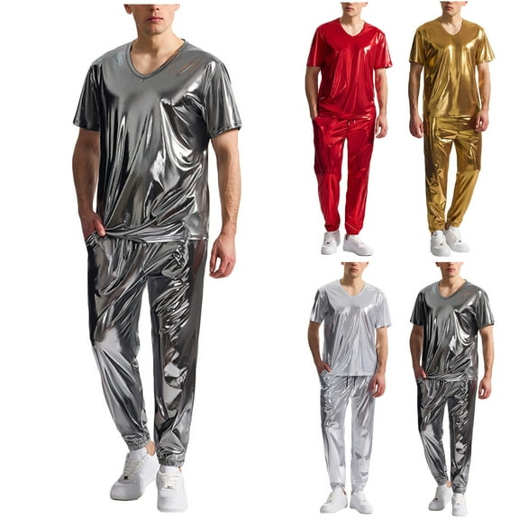 RYDCOT Men's Metallic Glossy V Neck Short Sleeve T Shirt and Pants 2 Piece Set Jacket Men Straight Leg Trousers Costume for Men Disco Cosplay Party Silver