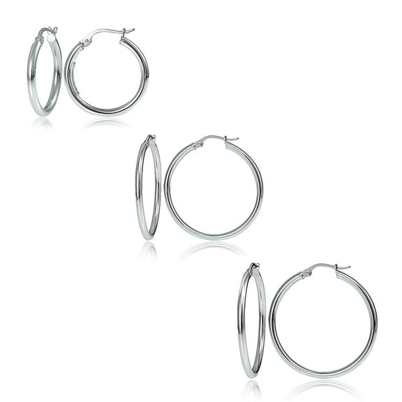Set of 3 Sterling Silver 2mm Polished Round Hoop Earrings, 20mm, 25mm 30mm