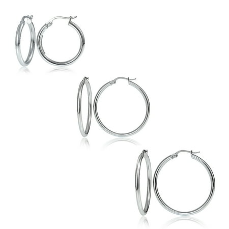 Set of 3 Sterling Silver 2mm Polished Round Hoop Earrings, 20mm, 25mm (Best Way To Polish Sterling Silver)