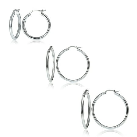 Silver 20mm Tribal - Set of 3 Sterling Silver 2mm Polished Round Hoop Earrings, 20mm, 25mm 30mm