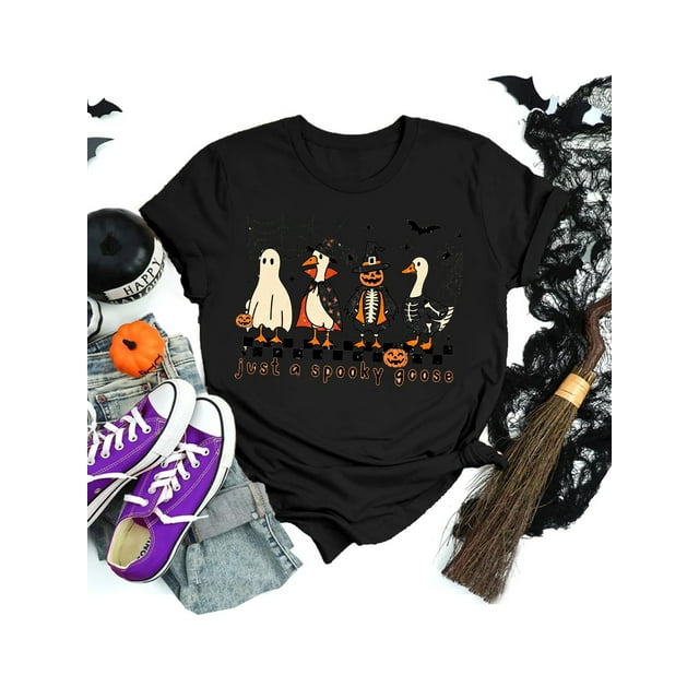 Girls' Halloween T-Shirt - Cute Ghosts, Pumpkin, Bat & "Just a Spooky Goose" Graphic - Soft Knit Tee for Halloween Party outfit - everyday Summer Top - Non-See-Through Fabric