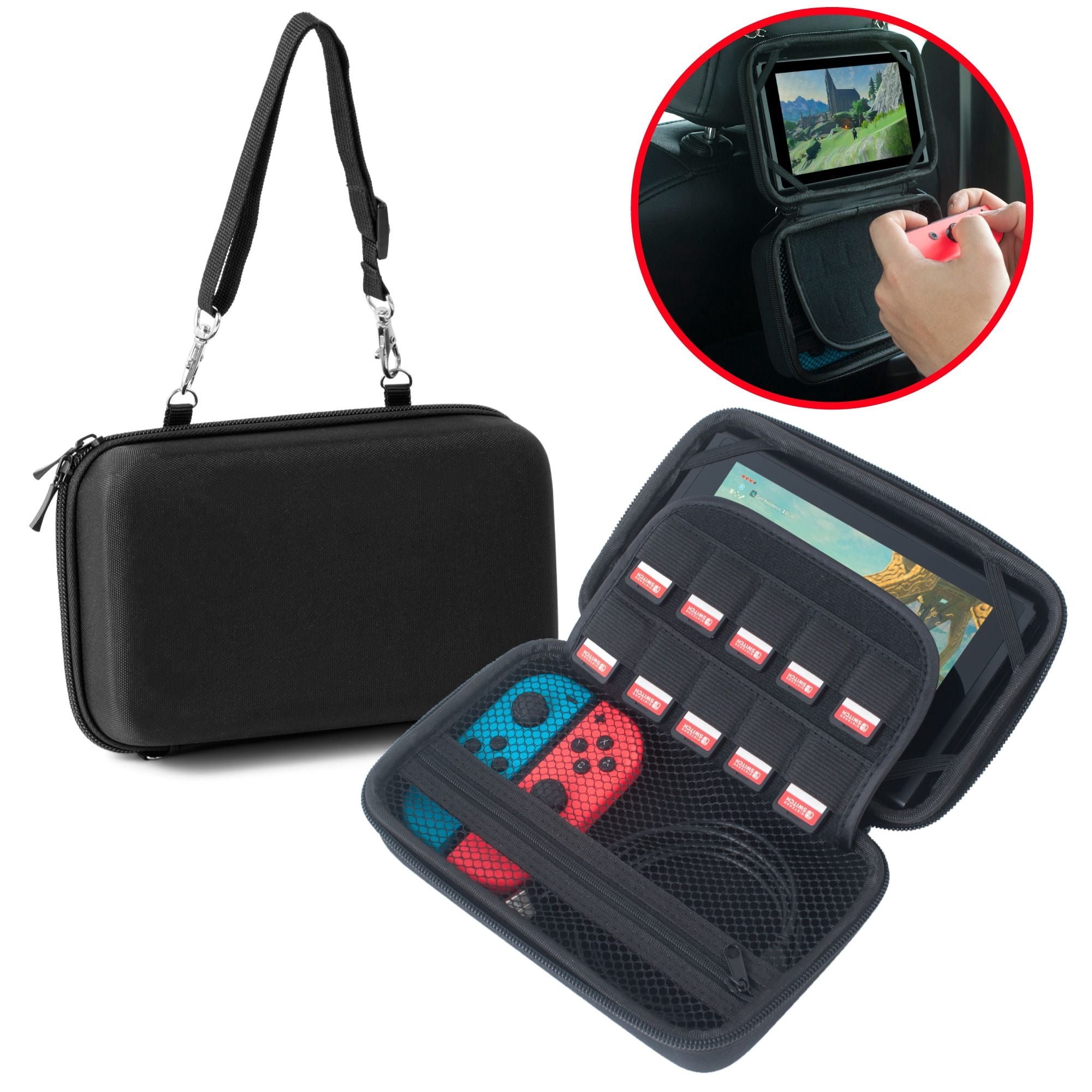 Car Mounting Carrying Case Compatible with Nintendo Switch & OLED Model and Accessories, EVA Hard Travel Case with 10 Game Holder Slots, Strap (Black)