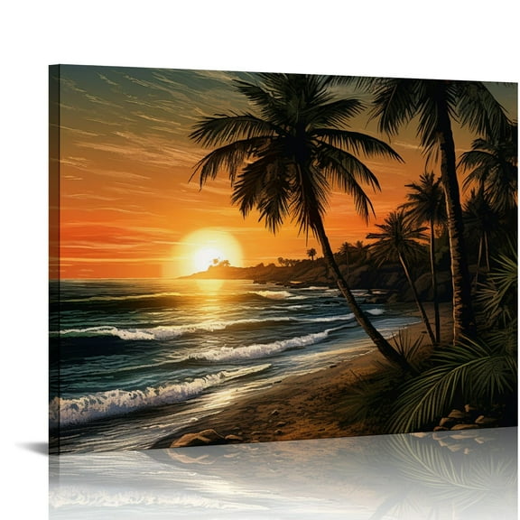 JRXY Canvas Wall Art Beach Sunset Ocean Waves Nature Pictures Canvas Print Frame Picture for Living Room Bedroom Kitchen Home and Office Wall Decor 20x16in