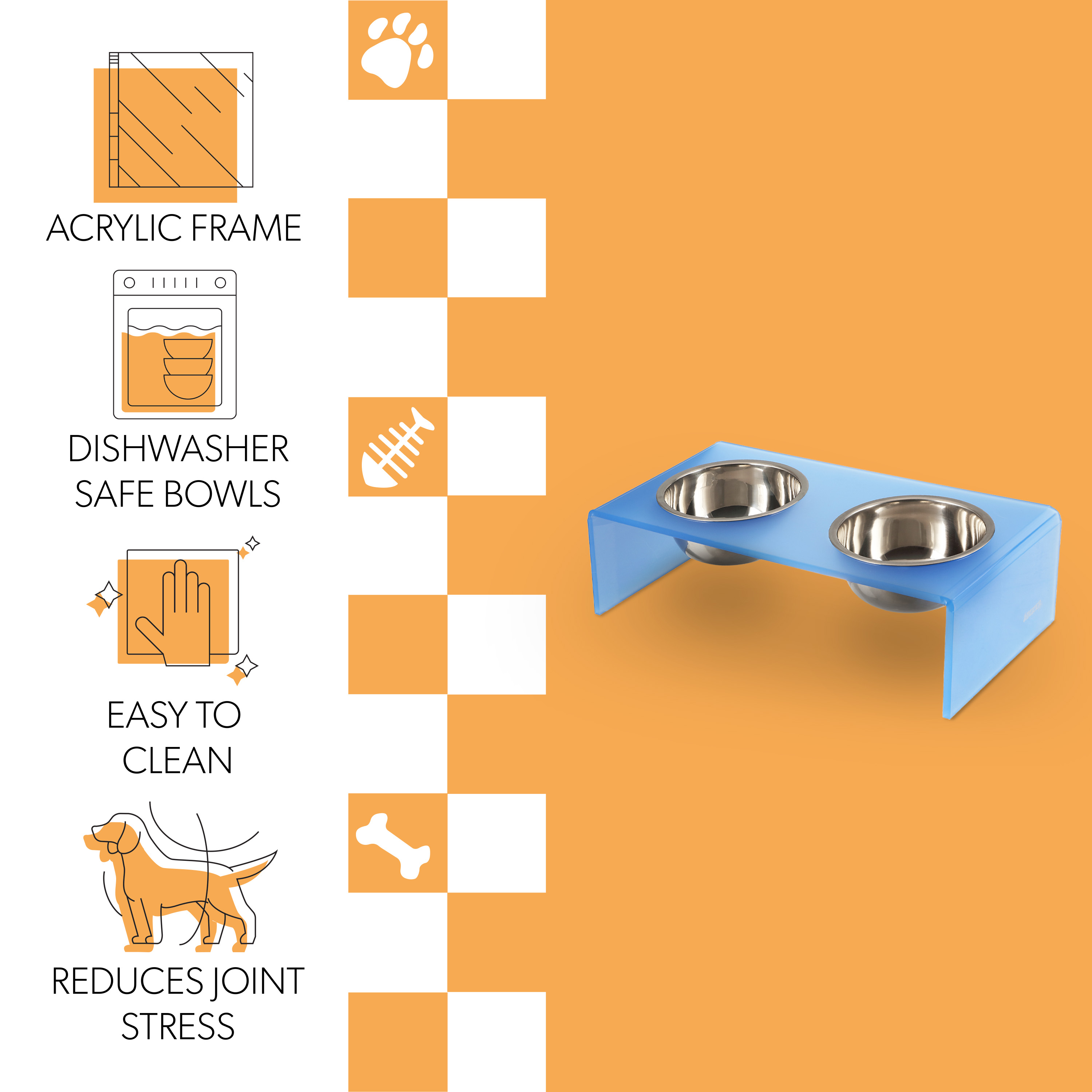 THE LICKER STORE Keaton 5" Small/Medium Modern Acrylic Rectangular Elevated Pet Feeder with 20oz 2-Stainless Steel Bowls, Blue/Chrome, DBL2000C
