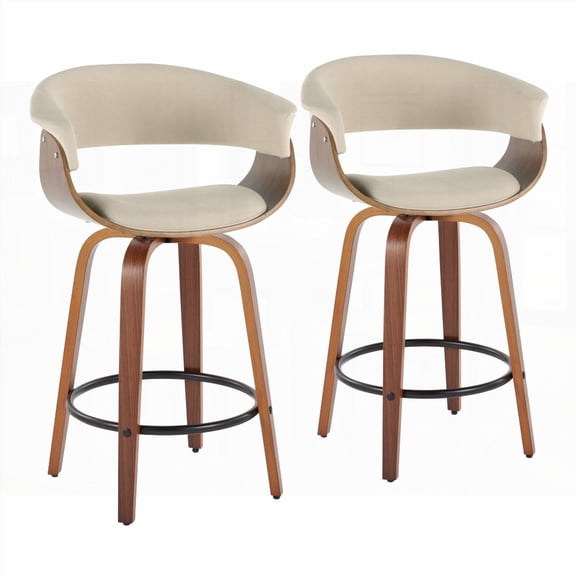 Mid-Century Modern 26" Fixed-Height Counter Stools - Set of 2 with Walnut Wood & Cream Fabric & Black Metal Footrest
