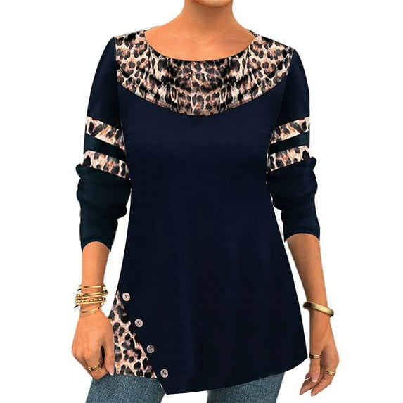 PALACLOTH Women Round Neck Long Sleeve Leopard Patchwork Blouse Top