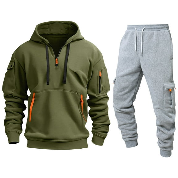 CharmCyan Men’s Casual Hoodie and Sweatpants Set, Soft Fleece Tracksuit with Zipper Pockets, Athletic Jogging Outfit, Comfortable Fit Army Green L
