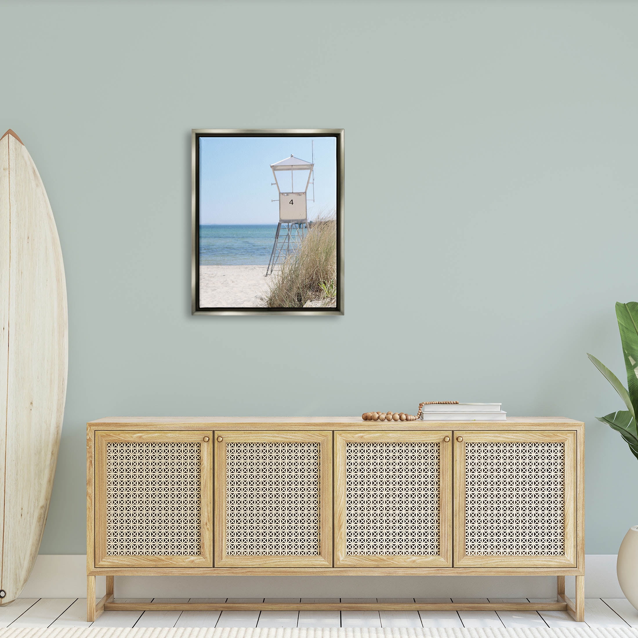 Summer Beach Hut Clear Skies Coastal Photograph Luster Gray Framed Art Print Wall Art