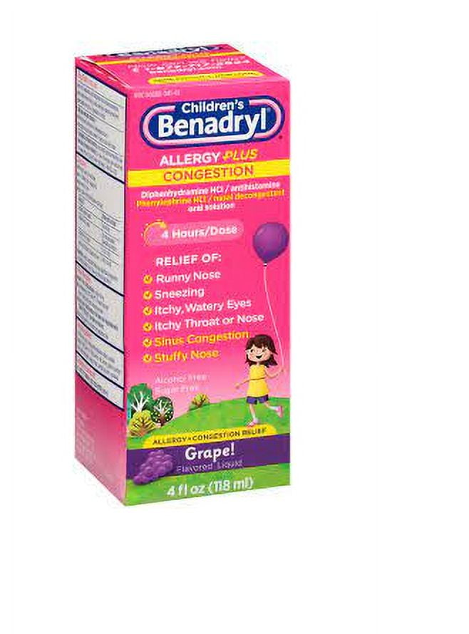 Benadryl-D Children's Allergy and Sinus Liquid Grape 4 oz (Pack of 4)