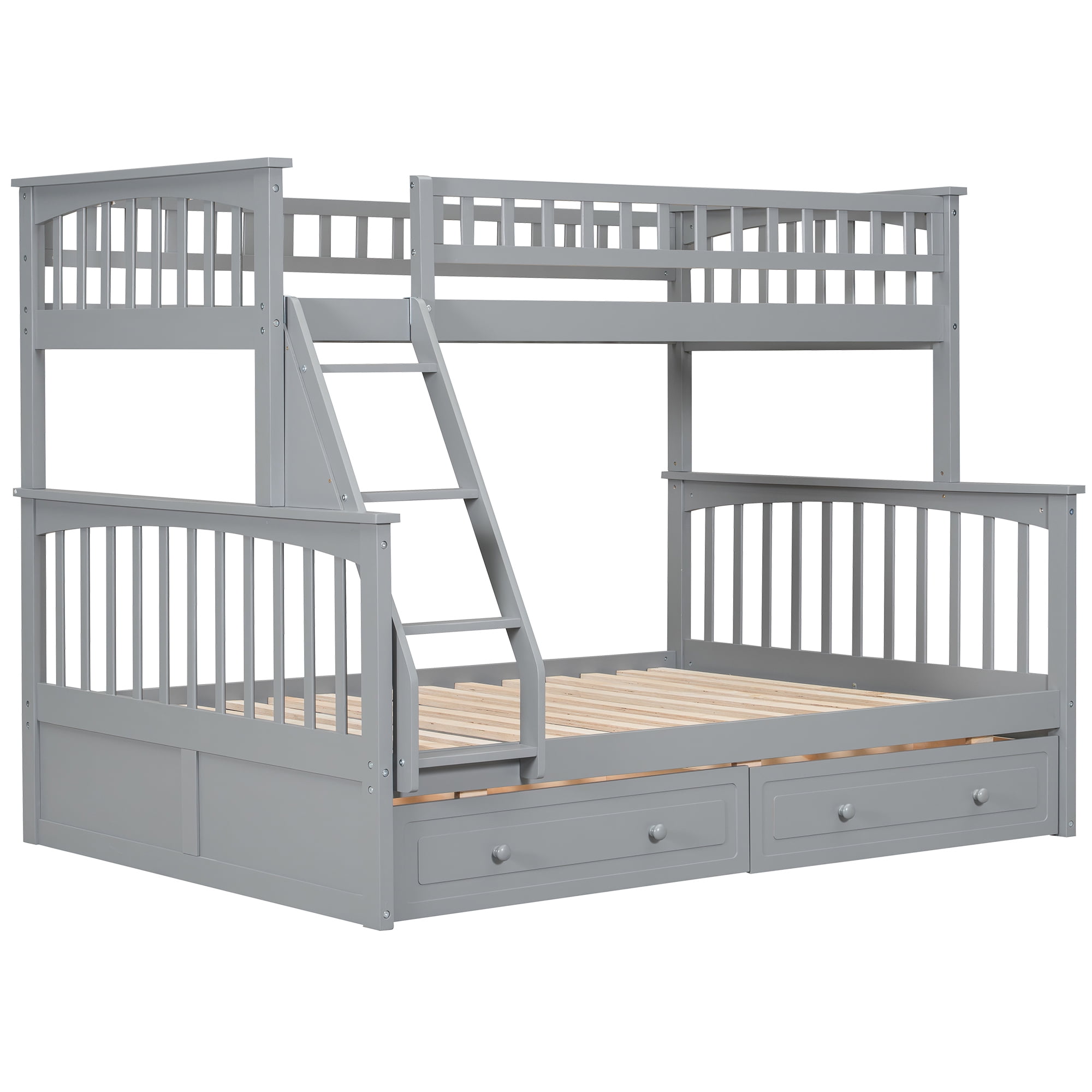 Euroco Wood Twin over Full Bunk Bed with Drawers, Convertible Two Beds in One, Gray
