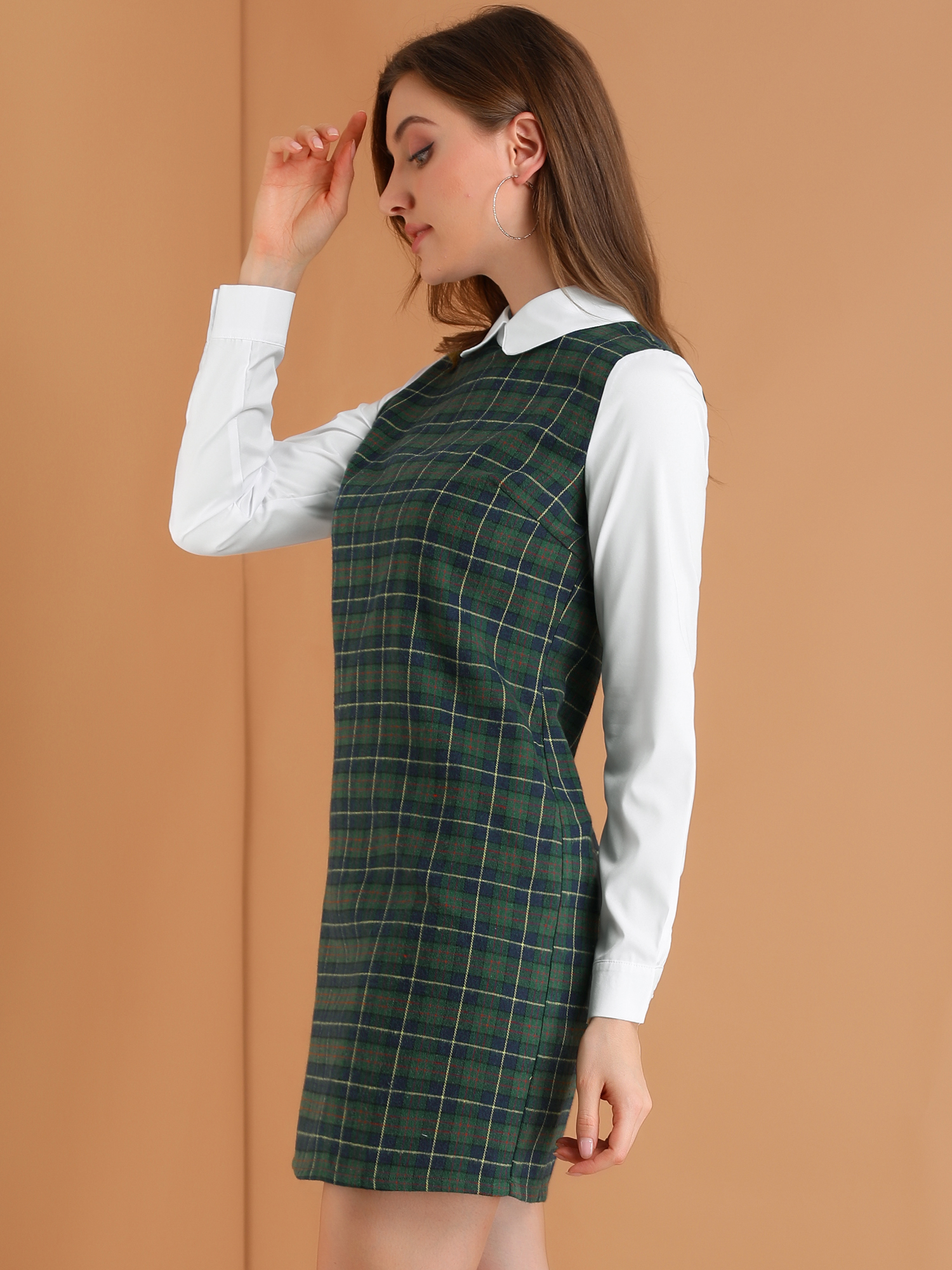 DARING DIVA Plaid Peter Pan Collar Long Sleeve Check Shift Dress 2XL Green Blue