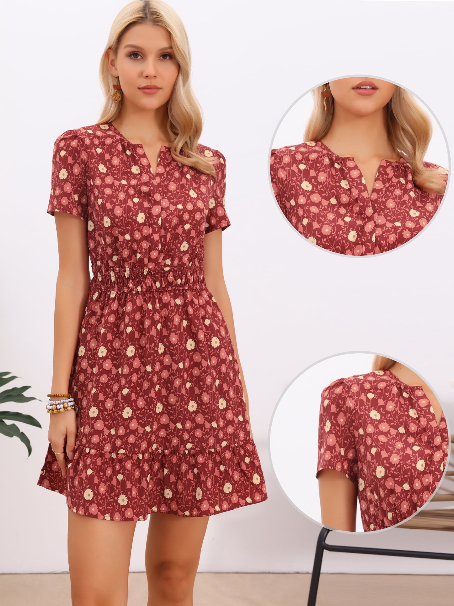 DARING DIVA Women's Tiered Dress V Neck Tent Smocked Waist Floral Dresses S Dark Red