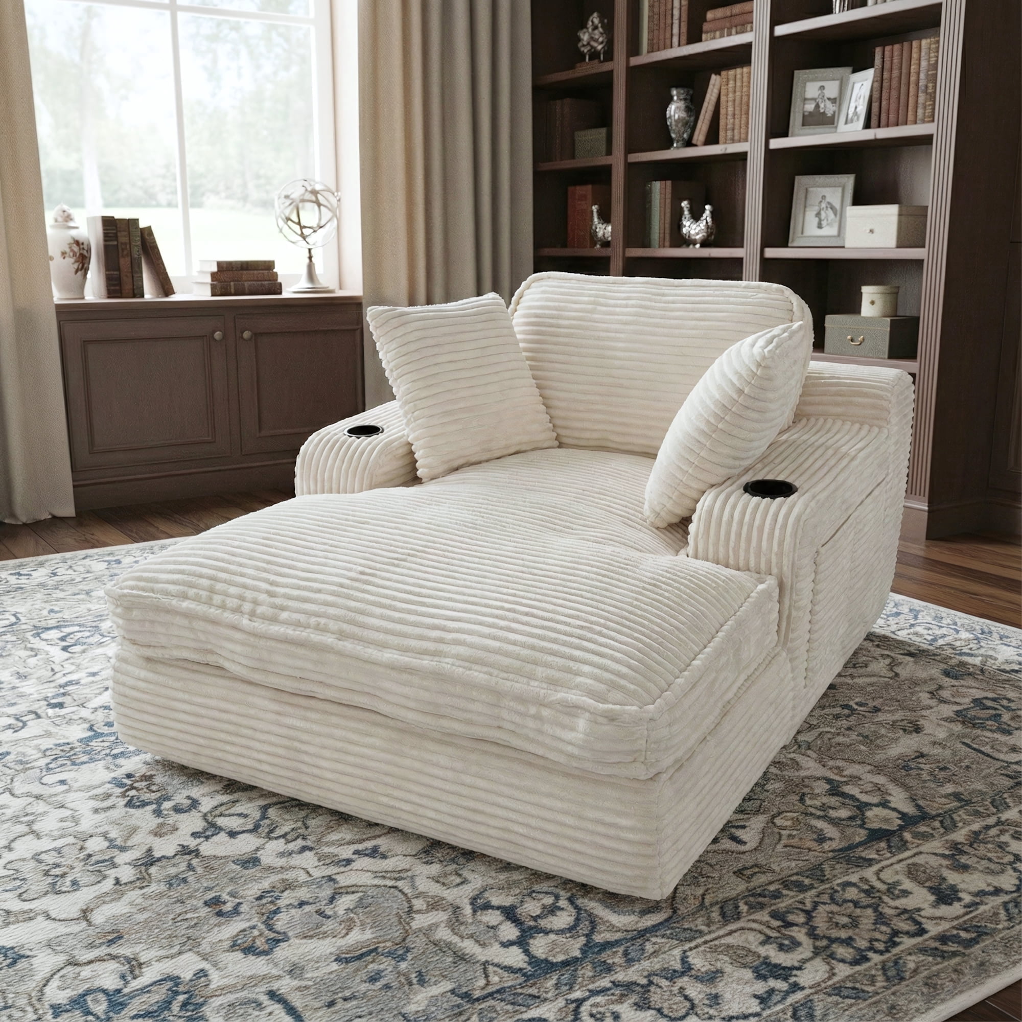 EOP 67'' Oversized Chaise Lounge Chair Indoor, Plush Boneless Cloud Couch with Side Pockets & Cup Holders, Comfy Corduroy Sleeper Couch with Removable Pillows for Living Room, Beige