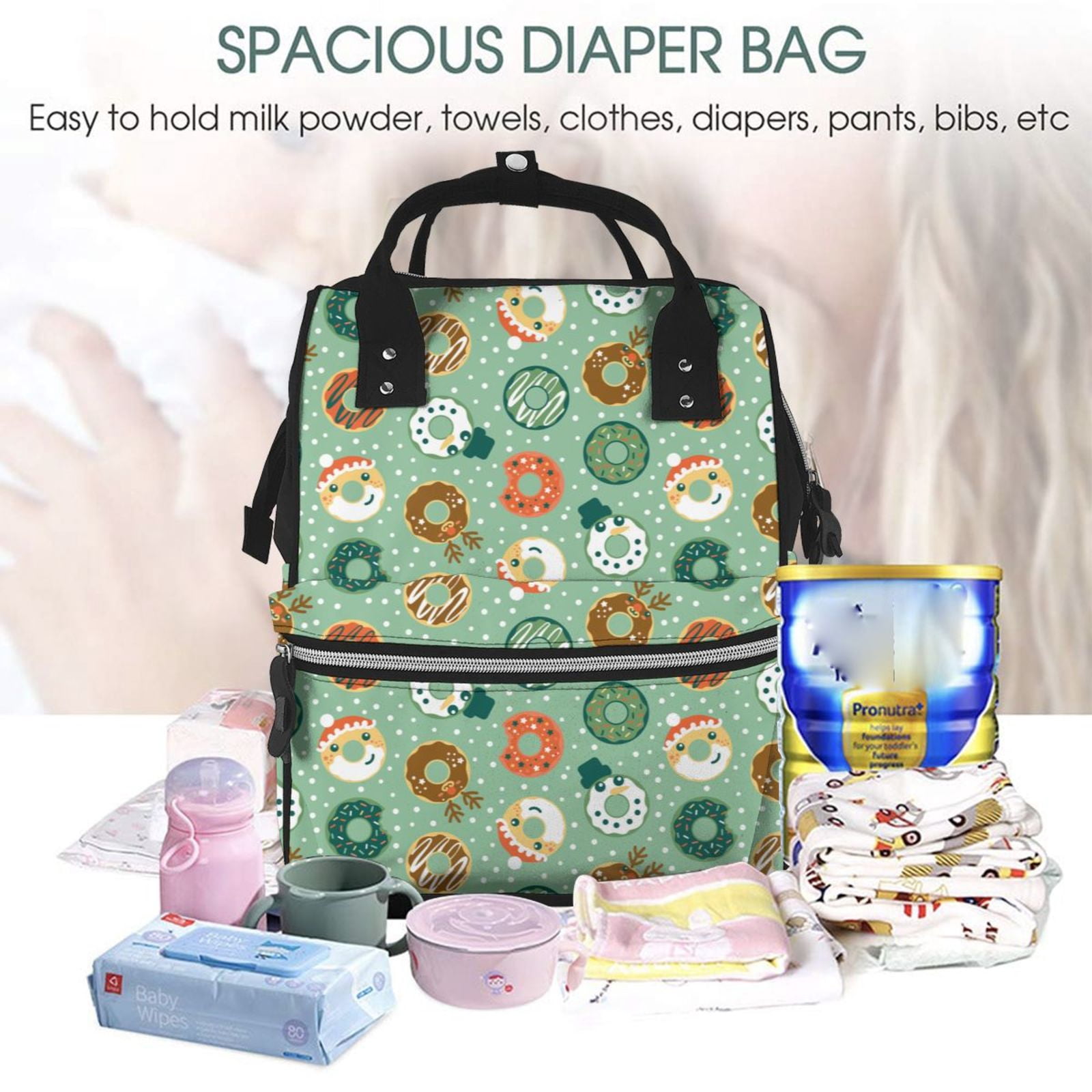 Ratiio Christmas Donuts Mummy Backpack - Waterproof Twill Canvas, Large Capacity Diaper Bag with Multiple Pockets and Adjustable Straps