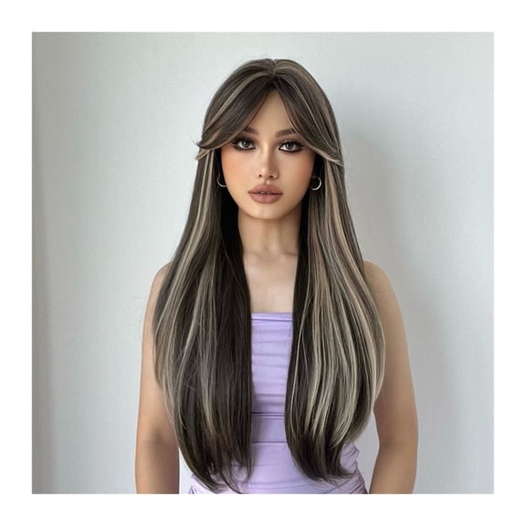 26inch Synthetic Long Straight Mixed Light Brown and White Color Wigs for Women Wig Daily Party Cosplay Heat Resistant Natural