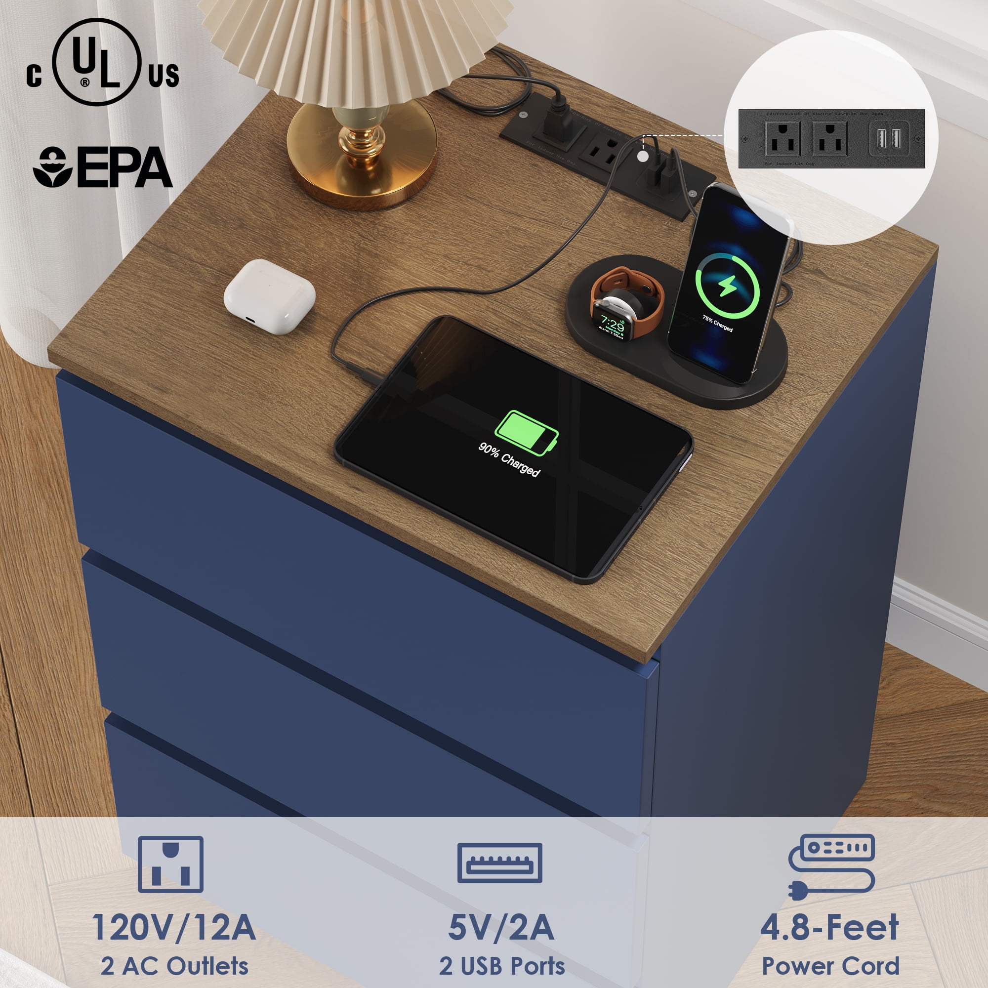 Homfa 3 Drawers Nightstand with Charging Station, Side Table with Storage for Living Room, Bedside Nightstand for Bedroom, Blue