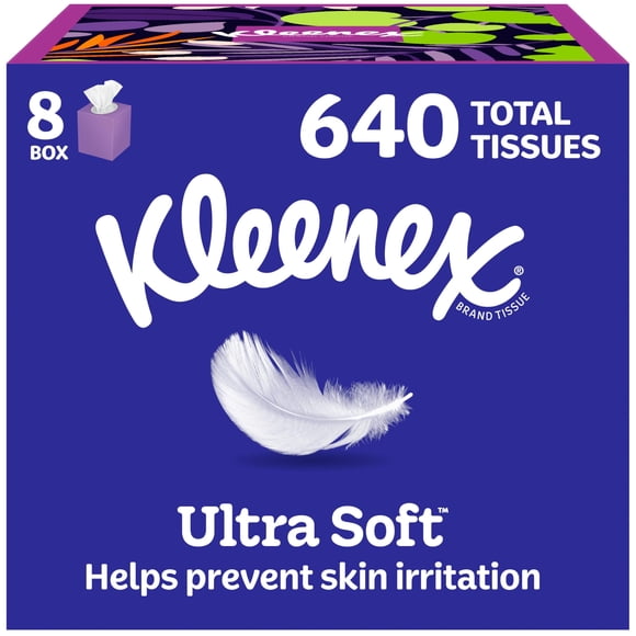 Kleenex Mouchoirs pour le Visage Ultra Doux, 8 Boîtes Cubiques, 80 Mouchoirs par Boîte, 3 Épaisseurs, l'Emballage Peut Varier