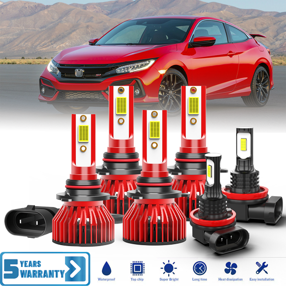 Fit for Honda Civic 2006-2015 Headlight + Foglight Bulbs Combo 6 Pack, 6,500K Cool White 30,000LM Super Bright, Premium LED High Low Beam + Foglights Lamp Upgrade Set