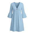 thumbnail image 5 of Vivianyo HD Women's V-Neck Single Button Midi Dress, 3/4 Bell Sleeve Solid Loose Casual Dresses with Side Pocket for Women, Women's Light Blue, Sizes S-2XL, 5 of 7