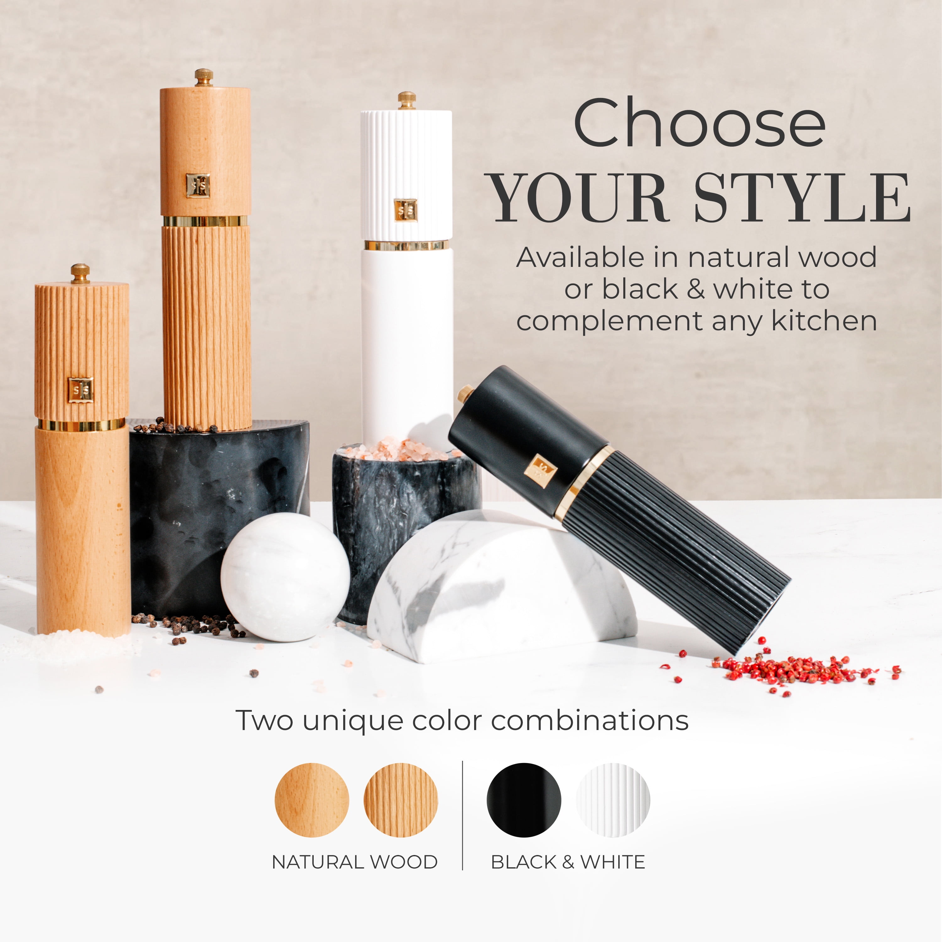 Styled Settings White and Black Salt and Pepper Grinder Set with Gold Accents – Manual Wooden Mills with Adjustable Ceramic Grinders and Stand – Set of two