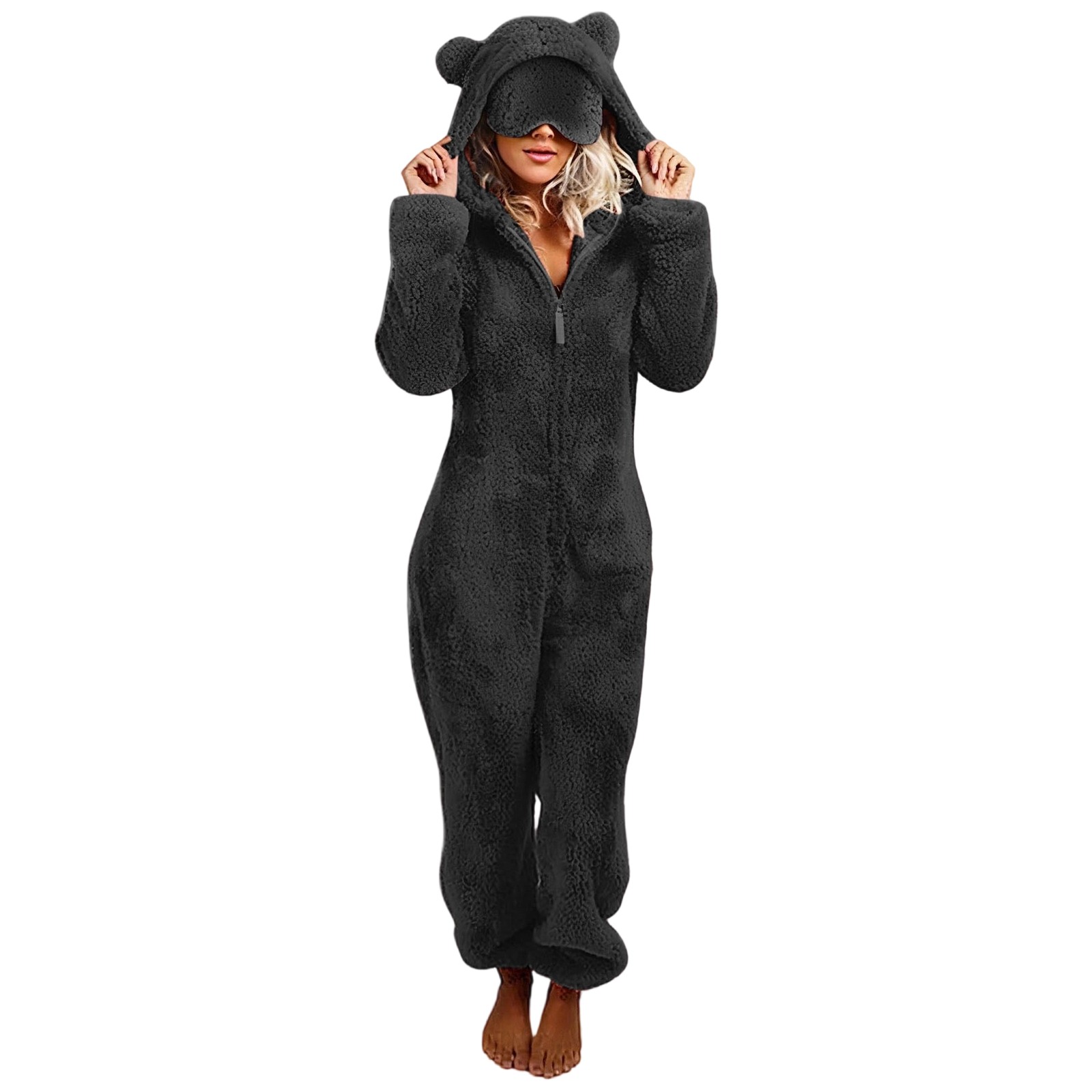 Women's Onesies Pajamas Sherpa One Piece Romper Zipper Cute Hooded Jumpsuit Pajama Loungewear