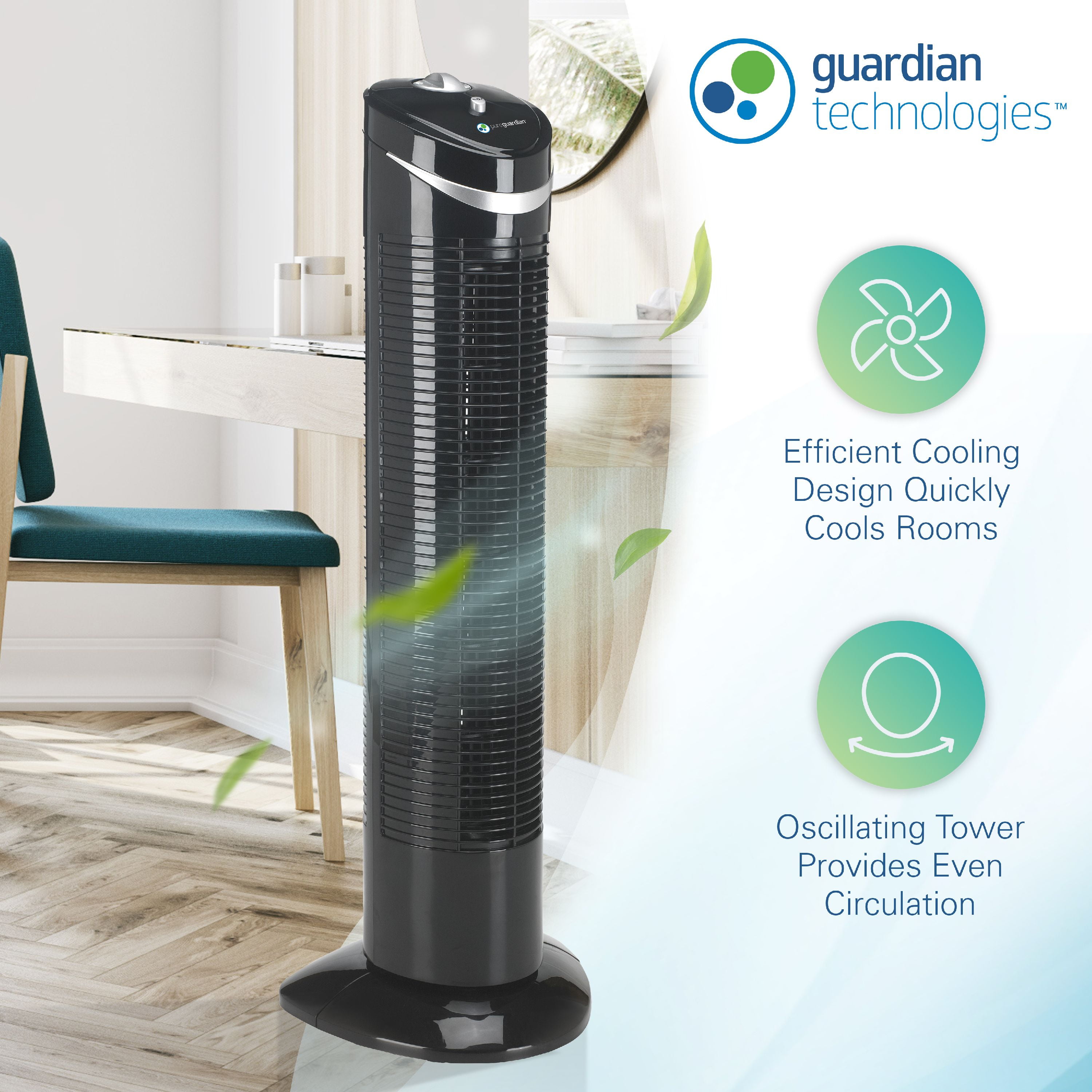 PureGuardian 29" Oscillating 3-Speed Space-Saving Tower Fan, TF2113B, New
