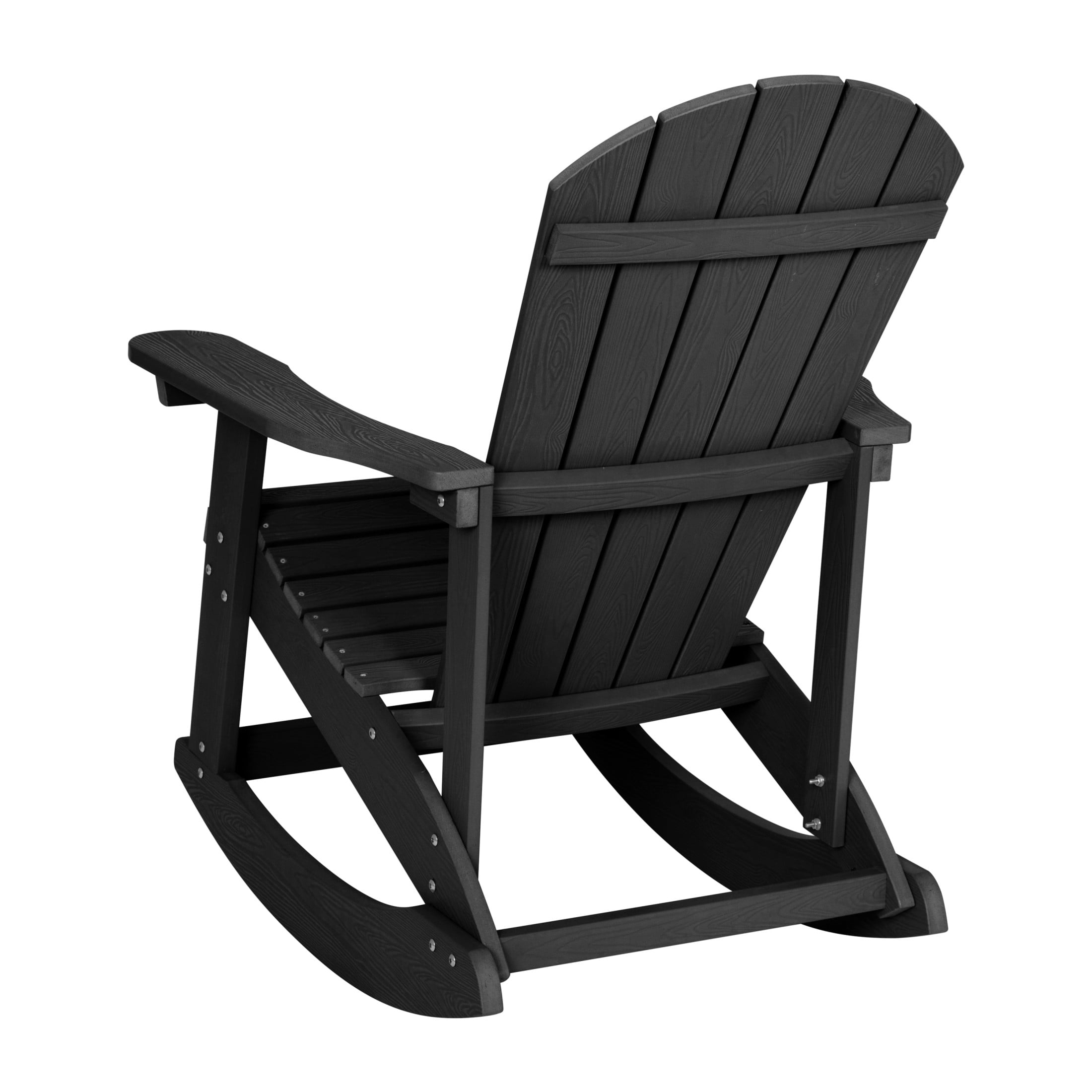 Emma + Oliver Set of 2 Classic All-Weather Poly Resin Rocking Adirondack Chairs in Black with Stainless Steel Hardware for Year Round Use
