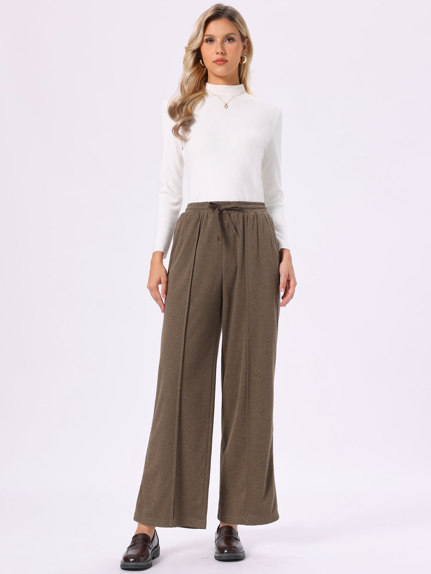 DARING DIVA Women's Wide Leg Pants Drawstring Waist Pockets Trousers XL Coffee