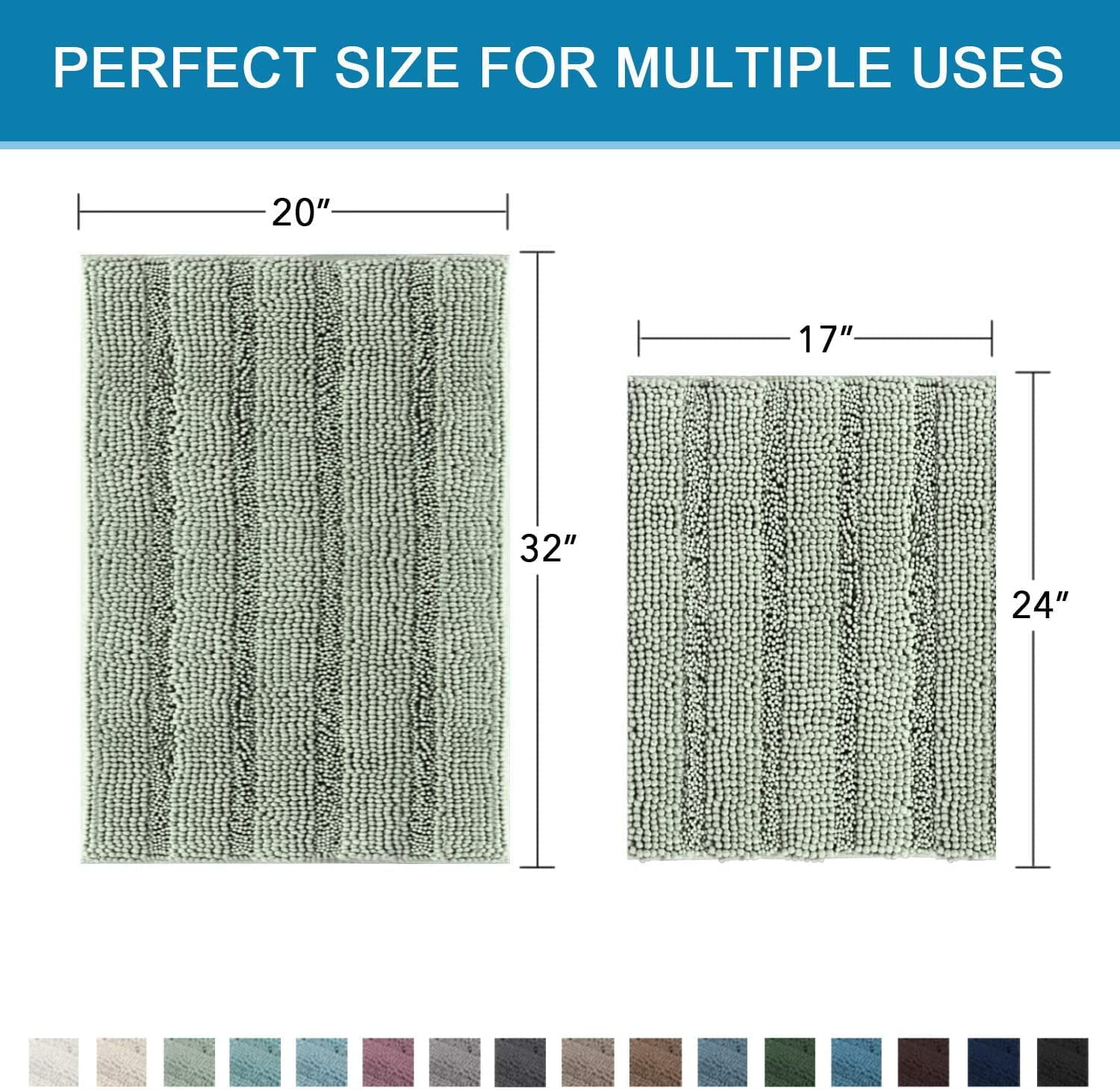 Sage Bathroom Rugs, Bath Mat Set of 2 Extra Thick Chenille Striped Pattern Shaggy Bath Rugs for Bathroom, Non Skid Bath Mats for Bathroom Floor (32 x 20 Plus 24 x 17 - Inches)
