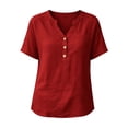 thumbnail image 6 of Spring And Summer Plus Size Shirts for Womens Cotton And Linen Fashion Imitation V-neck Short-sleeved Button-pocket Solid Color Top, 6 of 8