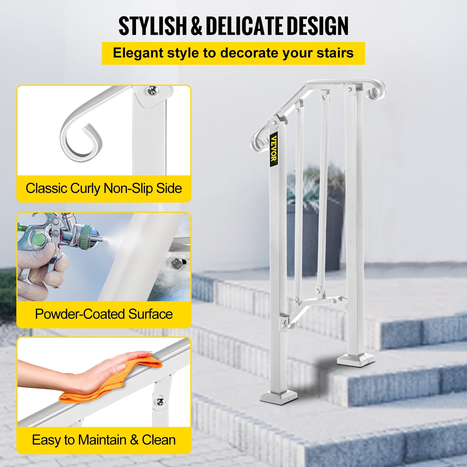 VEVORbrand Handrail for Stairs Outdoor Step Handrail Picket 1 Fits 1 or 2 Steps Rail Height adjustable Wrought Iron Handrail, Matte White