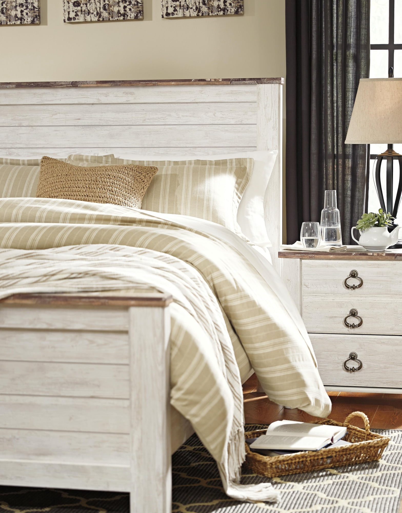 Signature Design by Ashley Willowton Queen Panel Headboard, Whitewash, Coastal Wood-Look Headboard