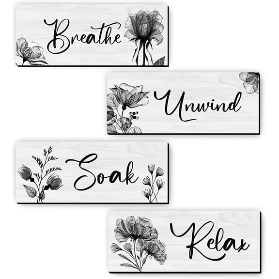 CELIVESGG 4 Pieces Bathroom Wall Decor, Black/White, Flower Wall Art Wooden Hanging for Gallery Walls or Home Decoration