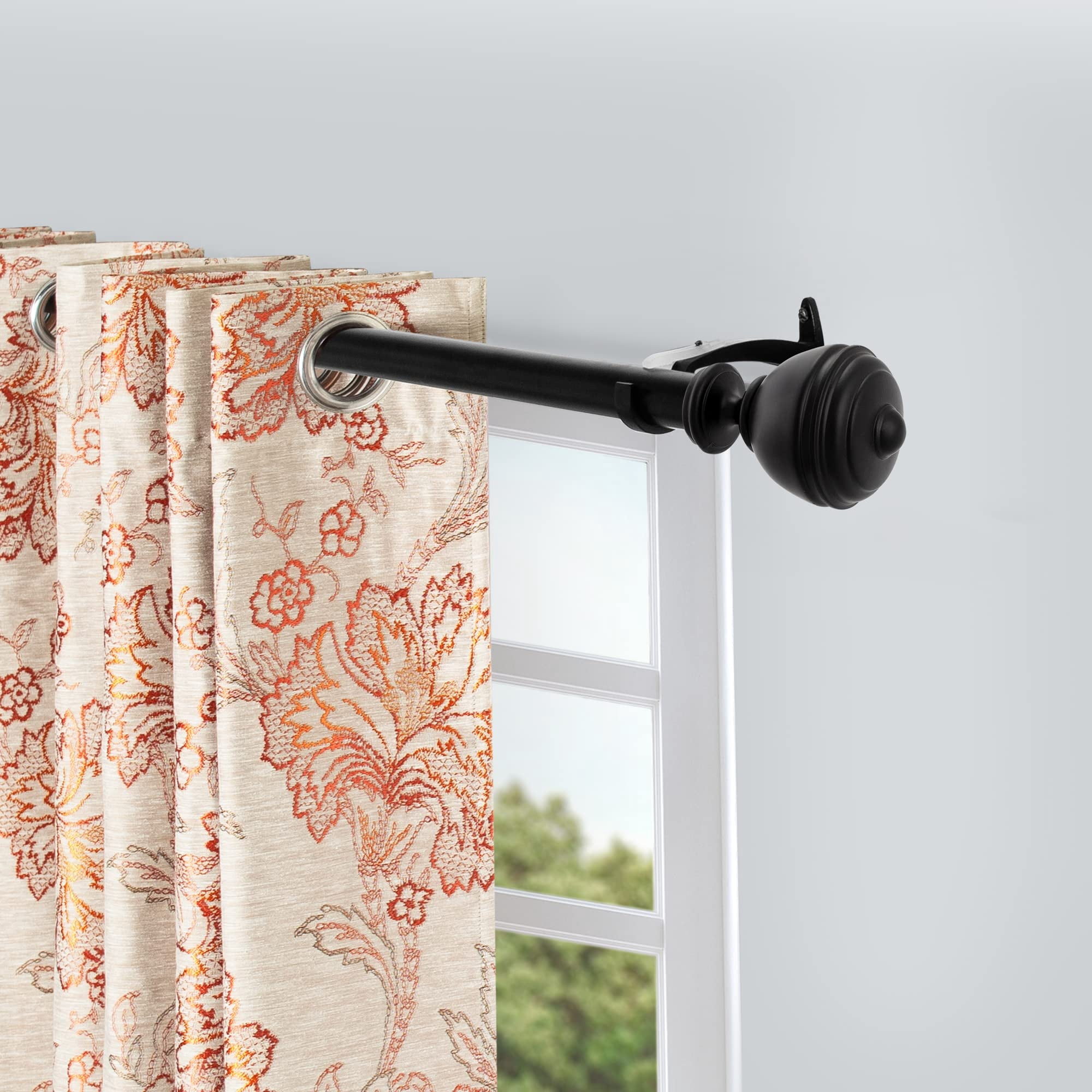 Deco Window 25mm Diameter Black Stacked Round Adjustable Single Curtain Rods, 36 in - 66 in