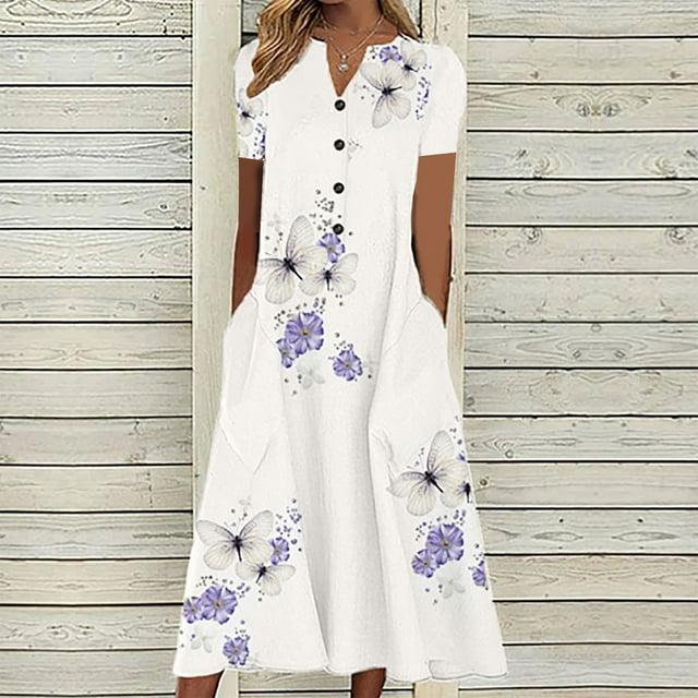 TIMIFIS Robe Florale Bohème Ample Décontractée d'Automne pour Femmes avec Poches, Manches Courtes, Longue Maxi, Robe Évasée d'Été pour la Plage, Robes d'Invitée de Mariage d'Automne
