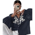 thumbnail image 2 of Women Embroidered Puff Sleeve Blouse, Vintage Floral Boho V-Neck Button Down Shirts with Smocked Cuffs Navy Blue XL, 2 of 9