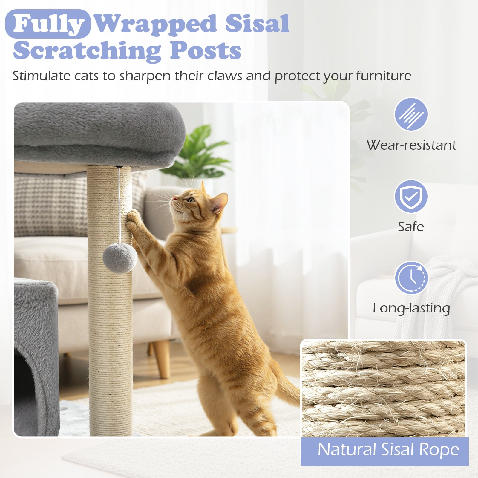 Gymax 19.5'' Small Cat Tree w/Large Padded Plush Perch Condo Sisal Scratching Posts Light Grye