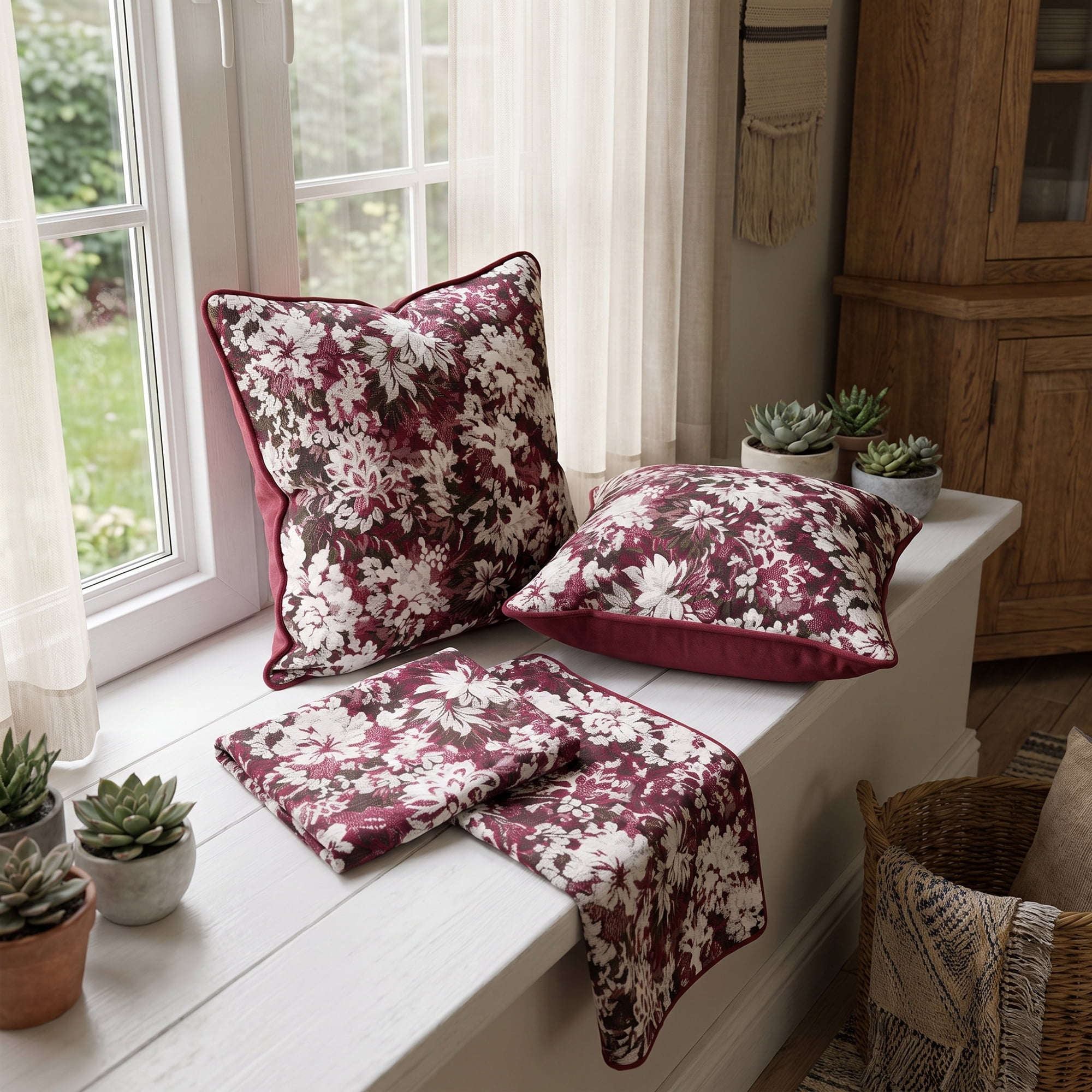 Unique Bargains Floral Throw Pillow Cover with Piped Edge Decor Cushion Case Red 18" x 18"